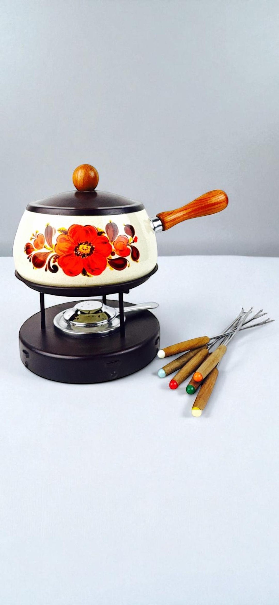 Service à Fondue émaillé Vintage Années 60 – Motif Fleurs Orange Et Violettes