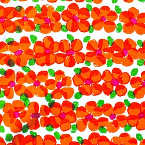 May include: A repeating pattern of orange flowers with pink centres and green leaves on a white background. The flowers are stylized and arranged in horizontal rows, creating a vibrant and cheerful design. This floral pattern is suitable for fabric or wallpaper.