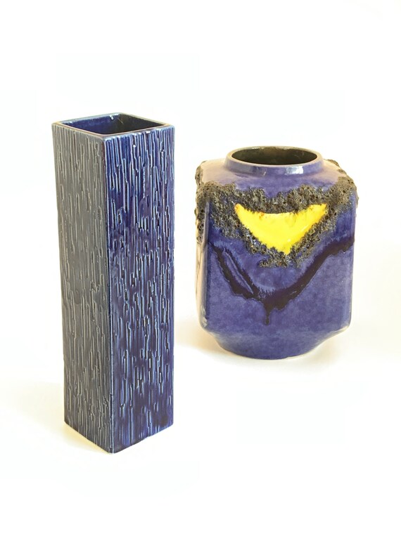 陶芸作品 長方形花瓶 テクスチャードブルーのモダニズム長方形花瓶