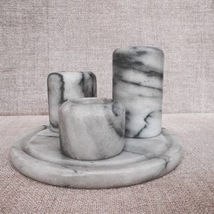 Stunning Vintage 1970s Italian White Marble Tealight Candle Holder Set on Elegant Marble Tray - Mid-Century Modern Decor