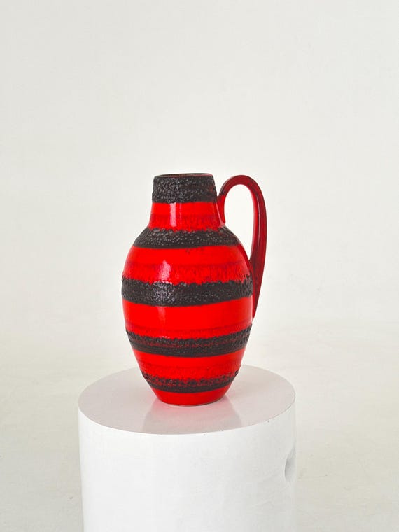 70s Scheurich XXL fat lava floor vase bold red black stripe statement decor