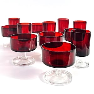 Ruby Red Vintage Glass Set – 70s Arcoroc France Goblets and Tumblers   – French Retro Glassware