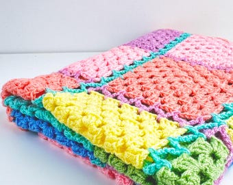 Vintage Handmade Pastel Patchwork Crochet Blanket – Newborn Baby Blanket