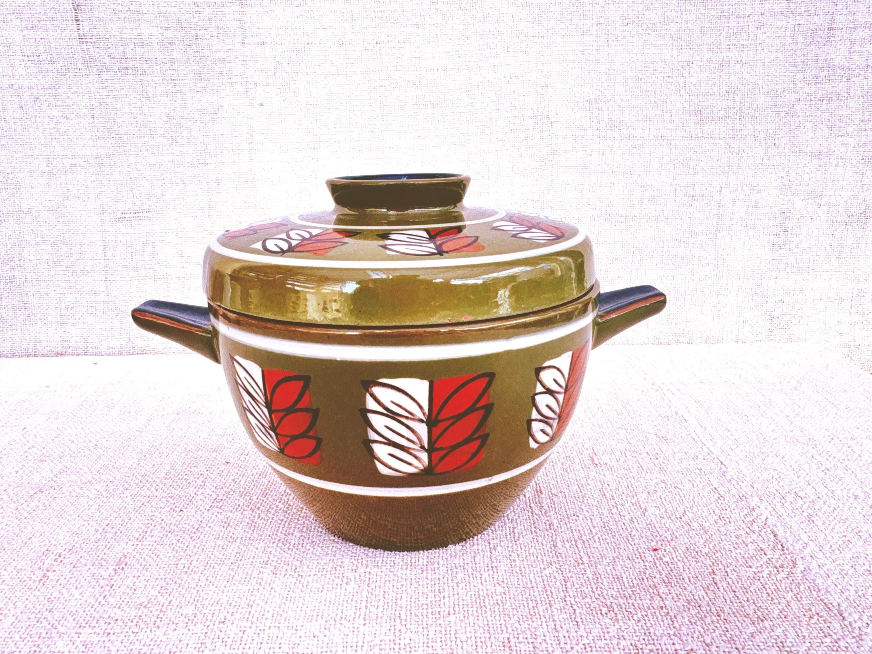 1970年代のセラマーノ陶器瓶 – 西ドイツ製、手描きの素朴な陶器、蓋