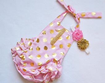 1st birthday romper - girls 1st birthday outfit - 1st birthday pink and gold polka dot romper - 1st birthday pink and gold romper