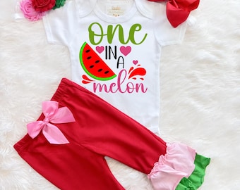 Traje de niña con estampado de melón - Traje de sandía para el primer cumpleaños - Invitación para el primer cumpleaños de "One in a Melon" - Primer cumpleaños de niña con estampado de sandía