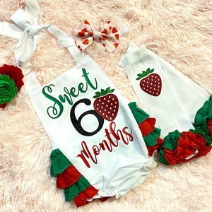 girls strawberry half birthday outfit -girl strawberry six month birthday romper - girls half birthday outfit girl six month birthday outfit