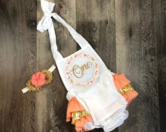 perzik goud 1e verjaardag outfit - meisjes boho 1e verjaardag outfit - bloemen 1e verjaardag romper - boho 1e verjaardag romper - perzik goud romper