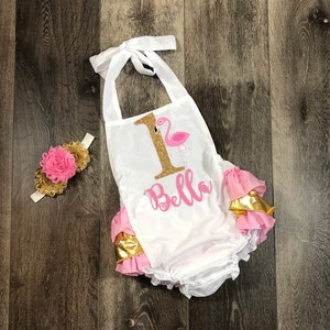 Flamingo First Birthday Pink and Gold Flamingo First Birthday Sunsuit Tropical First Birthday