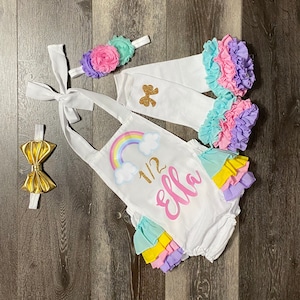 girls rainbow half birthday outfit -girls 6 month rainbow birthday romper - girls half birthday outfit girl six month birthday outfit