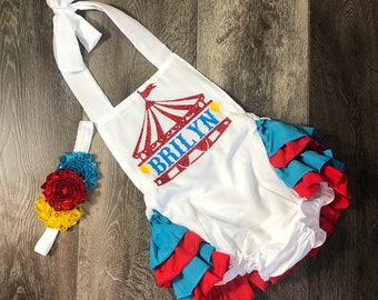 girls circus 1st birthday romper, girls carnival 1st birthday outfit, girls personalized circus1st birthday, circus first birthday