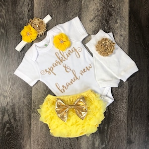 baby girl coming home outfit - brand sparkling  new baby outfit - yellow and gold newborn girl coming home outfit - newborn baby girl outfit