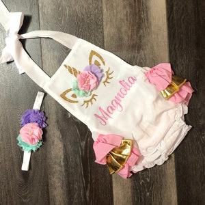 pink and gold unicorn 1st birthday outfit - unicorn 1st birthday romper - pink and gold unicorn romper - girls unicorn birthday outfit -