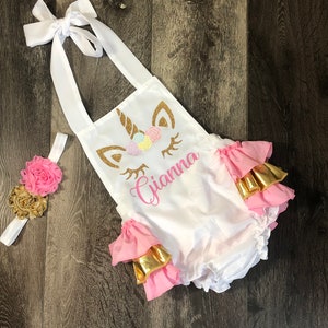 pink and gold unicorn 1st birthday outfit - unicorn 1st birthday romper - pink and gold unicorn romper - girls unicorn birthday outfit -