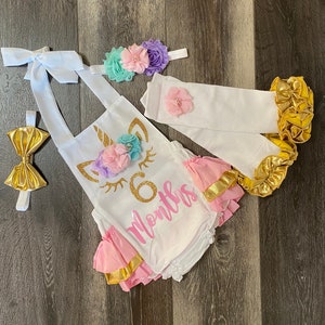 girls unicorn half birthday outfit -girls unicorn six month birthday romper - pink gold half birthday outfit - girls half birthday outfit