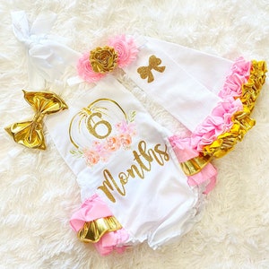 girls pumpkin half birthday outfit -girls pumpkin six month birthday romper - girls fall half birthday outfit - girls half birthday outfit