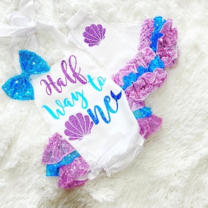 girls mermaid half birthday outfit, 6 months birthday mermaid outfit, mermaid six month outfit, girls mermaid romper 6 months, girls 6 month