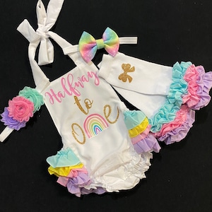 girls rainbow half birthday outfit -girls 6 month rainbow birthday romper - girls half birthday outfit girl six month birthday outfit