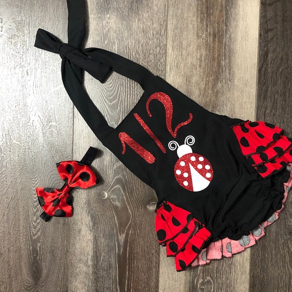 girls ladybug half birthday outfit -girls ladybug six month birthday romper - girls half birthday outfit girl six month birthday outfit