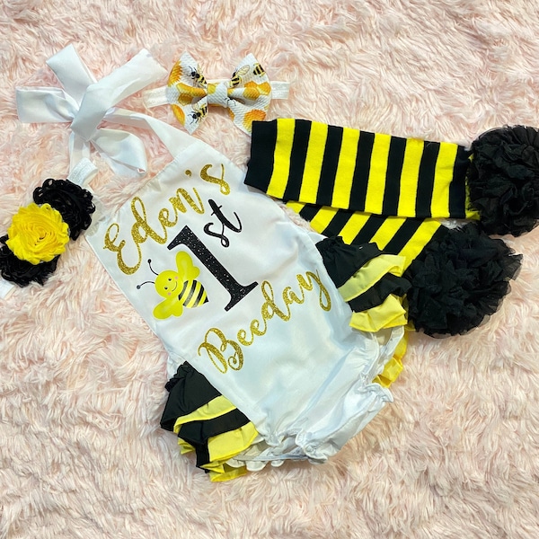 girl bumble bee 1st birthday outfit -girl bee 1st birthday romper - bumble bee 1st birthday theme - girls bumblebee  1st birthday outfit