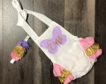 Butterfly 1st birthday outfit -girls butterfly 1st birthday romper - pastel butterfly 1st birthday outfit - butterfly 1st birthday outfit