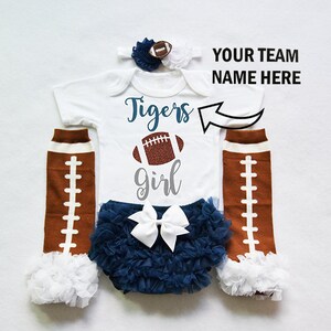 baby girls football outfit - navy and silver football - girls football bodysuit - baby girls college football outfit - high school football