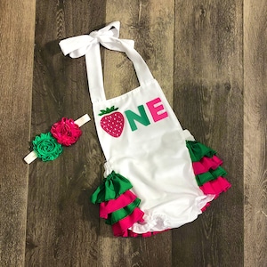 pink and green strawberry 1st birthday outfit - strawberry 1st birthday romper - girl 1st birthday outfit, stawberry 1st birthday theme