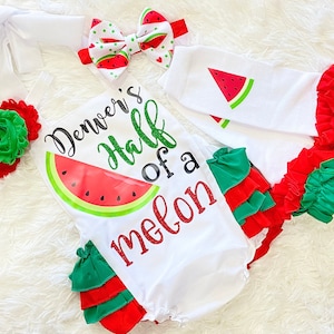 girls watermelon half birthday outfit -girls watermelon six month birthday romper - girl half birthday outfit - girl 6 month birthday outfit