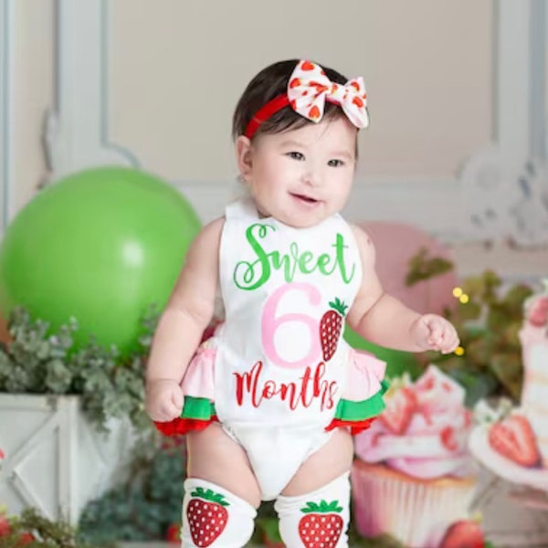 girls strawberry half birthday outfit -girl strawberry six month birthday romper - girls half birthday outfit girl six month birthday outfit