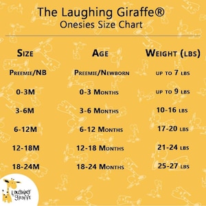 May include: A yellow chart with a giraffe pattern shows the size chart for The Laughing Giraffe onesies. The chart lists sizes from preemie to 18-24 months, corresponding ages, and weight ranges in pounds.
