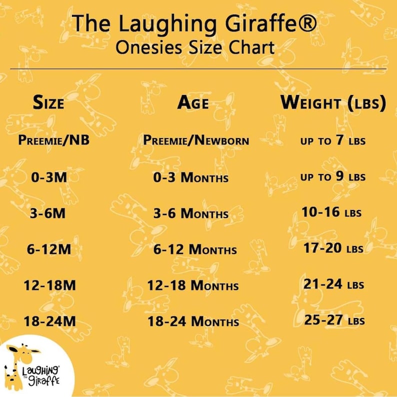 May include: A yellow chart with a giraffe pattern shows the size chart for The Laughing Giraffe onesies. The chart lists sizes from preemie to 18-24 months, corresponding ages, and weight ranges in pounds.