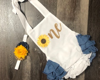 Sunflower 1st birthday outfit - sunflower 1st  birthday romper -  gold sunflower 1st birthday  outfit  - gold sunflower theme 1st birthday