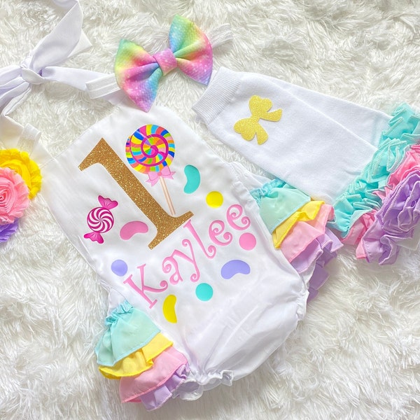 Tenue 1er anniversaire candyland - barboteuse 1er anniversaire candyland - tenue 1er anniversaire candyland - tenue 1er anniversaire fille thème bonbons