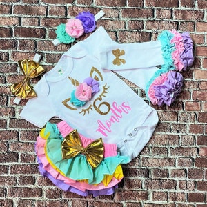 girls unicorn six month outfit, girls 6 month birthday outfit, girls halfway to one unicorn outfit - girls half way to one outfit