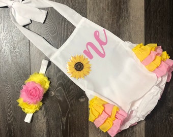 Sunflower 1st birthday outfit - sunflower 1st  birthday romper - pink sunflower 1st birthday outfit  - pink sunflower theme 1st birthday