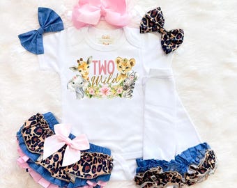 Traje de primer cumpleaños de animales salvajes para niñas - Traje de primer cumpleaños de dos animales salvajes - Invitaciones de cumpleaños de safari salvaje para niñas - Traje de segundo cumpleaños de dos animales salvajes para niñas