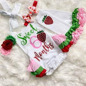 girls strawberry half birthday outfit -girl strawberry six month birthday romper - girls half birthday outfit girl six month birthday outfit