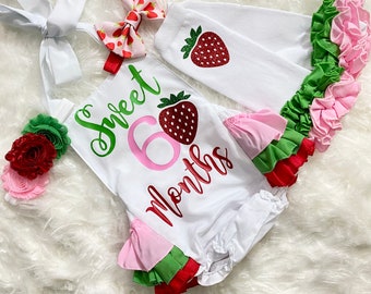 girls strawberry half birthday outfit -girl strawberry six month birthday romper - girls half birthday outfit girl six month birthday outfit