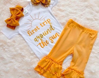 girls first trip around the sun outfit -girls sun first birthday - girls sunshine 1st birthday - girls first trip birthday invitation
