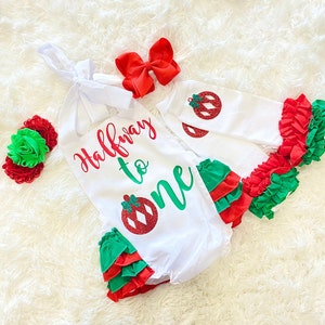 girls Christmas half birthday outfit -girls Christmas six month birthday - girls halfway to one Christmas outfit - girls Christmas 6 months
