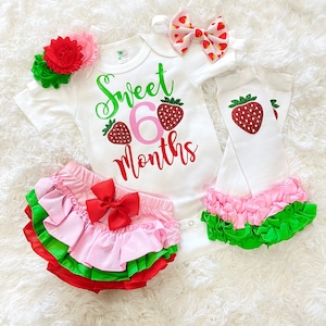 girls strawberry six month outfit, girls strawberry 6 month birthday outfit, girls halfway birthday outfit - girls sweet six months