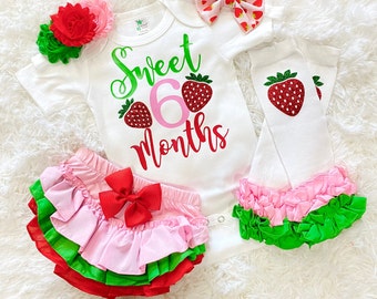 girls strawberry six month outfit, girls strawberry 6 month birthday outfit, girls halfway birthday outfit - girls sweet six months