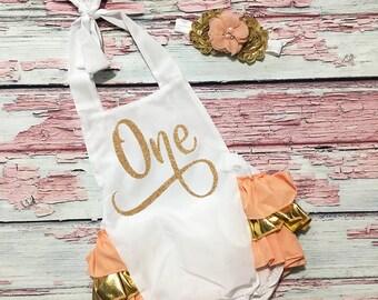 1e verjaardag romper - meisjes 1e verjaardag outfit - 1e verjaardag perzik en goud romper - perzik en goud 1e verjaardag outfit