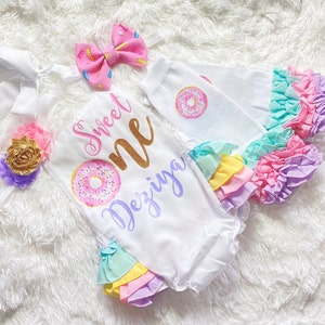 girls sweet one donut 1st birthday outfit -girls donut 1st birthday romper - pink gold donut 1st birthday outfit - girls 1st birthday outfit