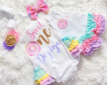 girls sweet one donut 1st birthday outfit -girls donut 1st birthday romper - pink gold donut 1st birthday outfit - girls 1st birthday outfit