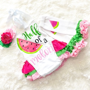 girls half a melon outfit -girls pink watermelon six month birthday romper - girls half birthday outfit - girl 6 month birthday outfit