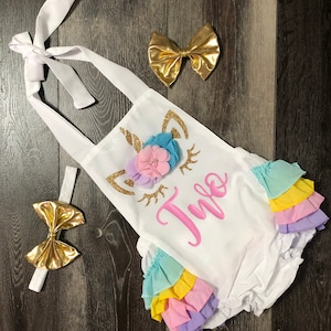 Girls unicorn 2nd birthday outfit -girls unicorn 2nd birthday romper  - pink and gold unicorn 2nd birthday outfit - Unicorn birthday outfit