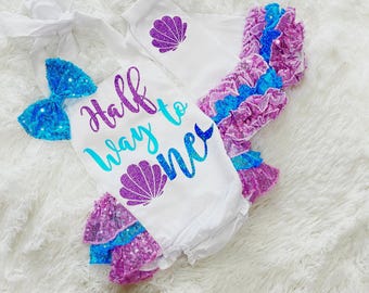 girls mermaid half birthday outfit, 6 months birthday mermaid outfit, mermaid six month outfit, girls mermaid romper 6 months, girls 6 month