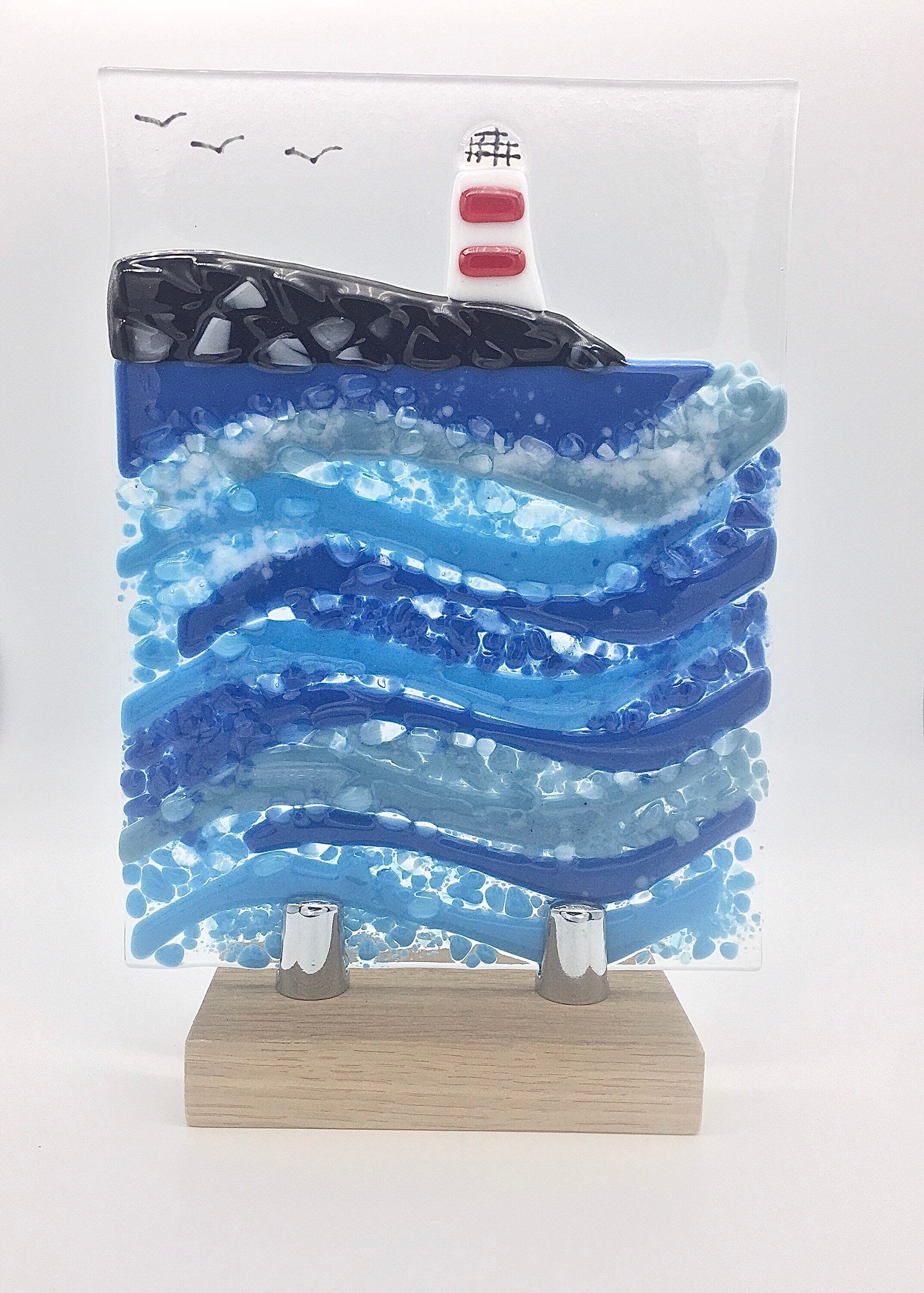 Seascape fused glass waves beach lighthouse glass art Etsy
