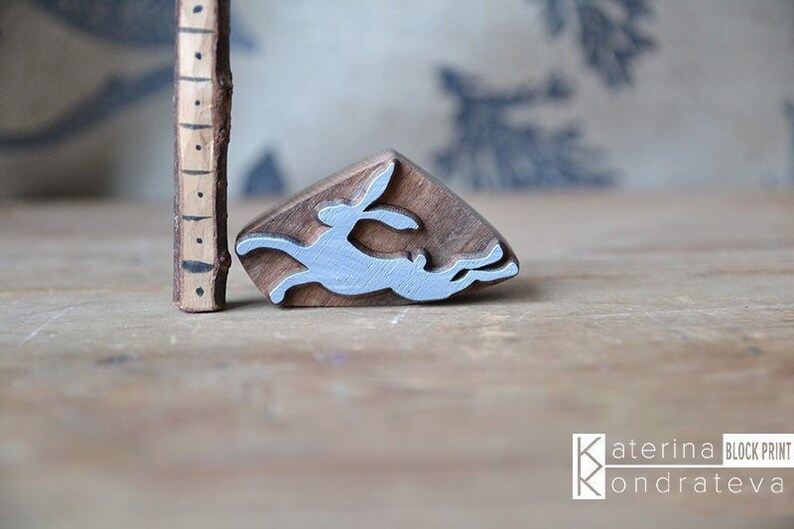 Pottery Wood carving. Textile Fabric Stamps Blocks Wooden Printing Block Carved Stamp Rabbit Bunny Hare Scrapbooking Leather